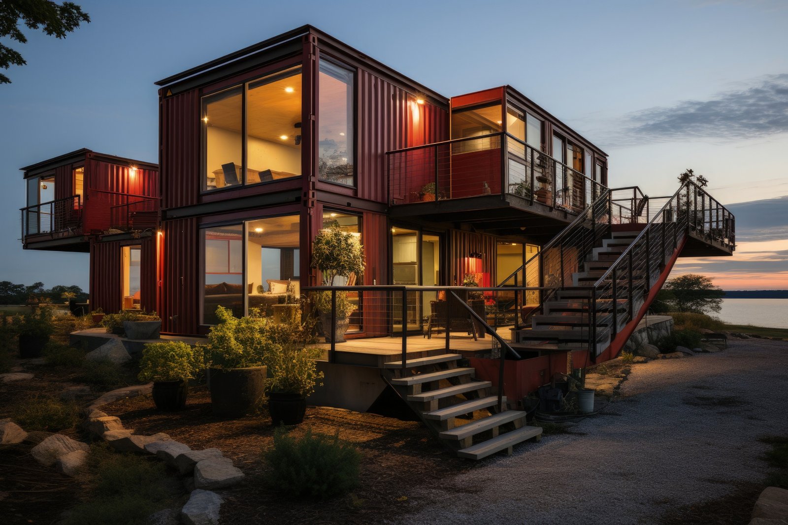 Maison container deux niveaux aménagée, terrasse extérieure au crépuscule